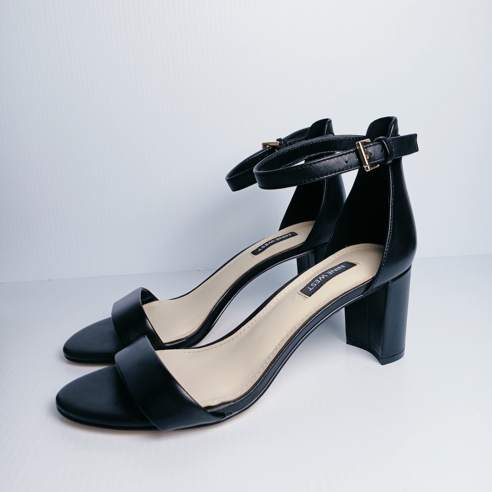 Nine West Womens Pruce Black Leather Block Heel Ankle Strap Sandals 8.5W - Picture 6 of 12